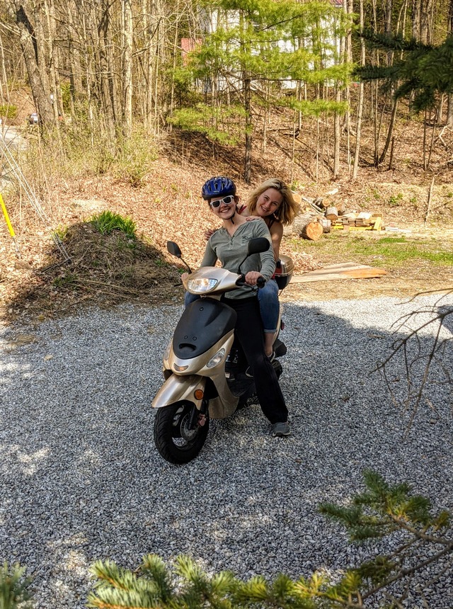 Abby and Claire on Moped